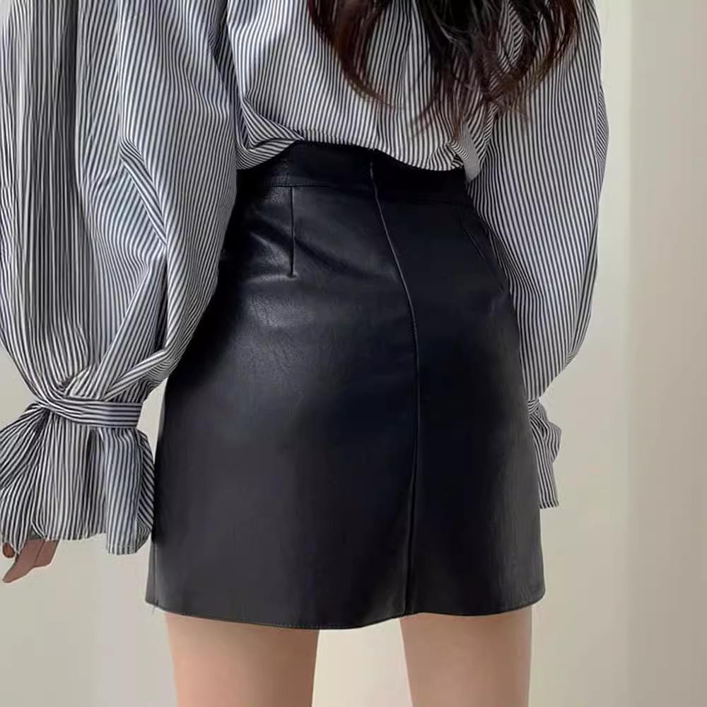 Women's High-Waist Black PU Leather A-Line Mini Skirt - Autumn/Winter
