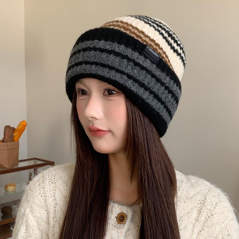 Striped Wool Women's Autumn and Winter Korean Style Warm and Versatile Large Head Circumference Pullover Hat Showing Face Small Knitted Hat