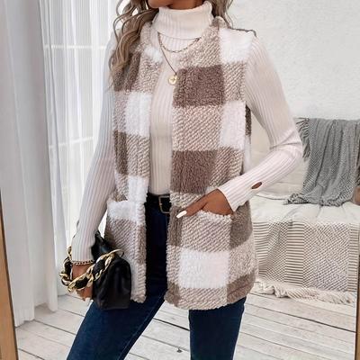 Women's Plaid Printed Reversible Fleece Sleeveless Cardigan Vest with Pockets, Casual Loose Open Front Waistcoat for Women