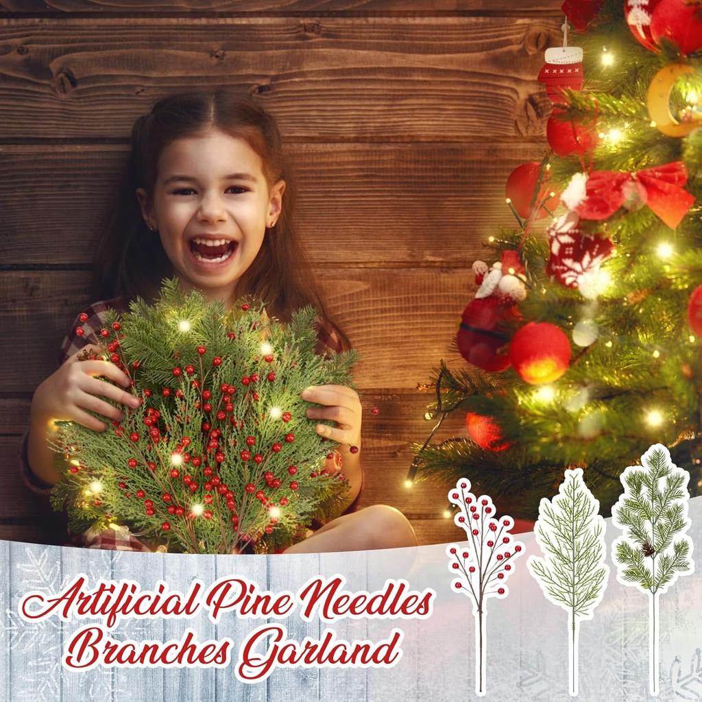 30 Pcs 16 Inch Artificial Christmas Pine Branches with Berries & Pinecones for Tree, Vase, Wreath, Garland DIY