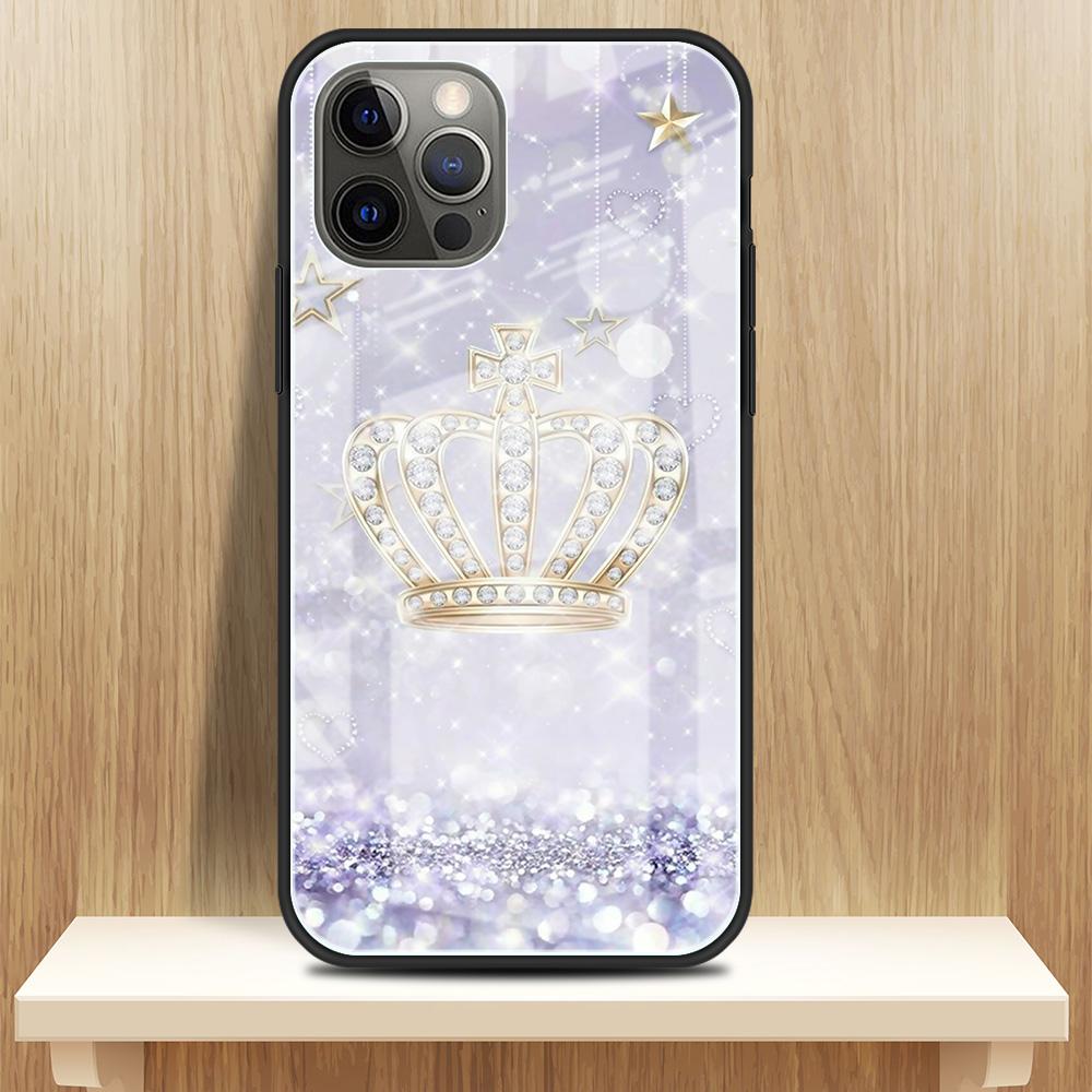 Diamond Crown Printing Glass Case For iPhone 11 13 12 14 Pro XR X XS Max 7 8 6 6S Plus SE 2020 Tempered Black Edge Phone Covers