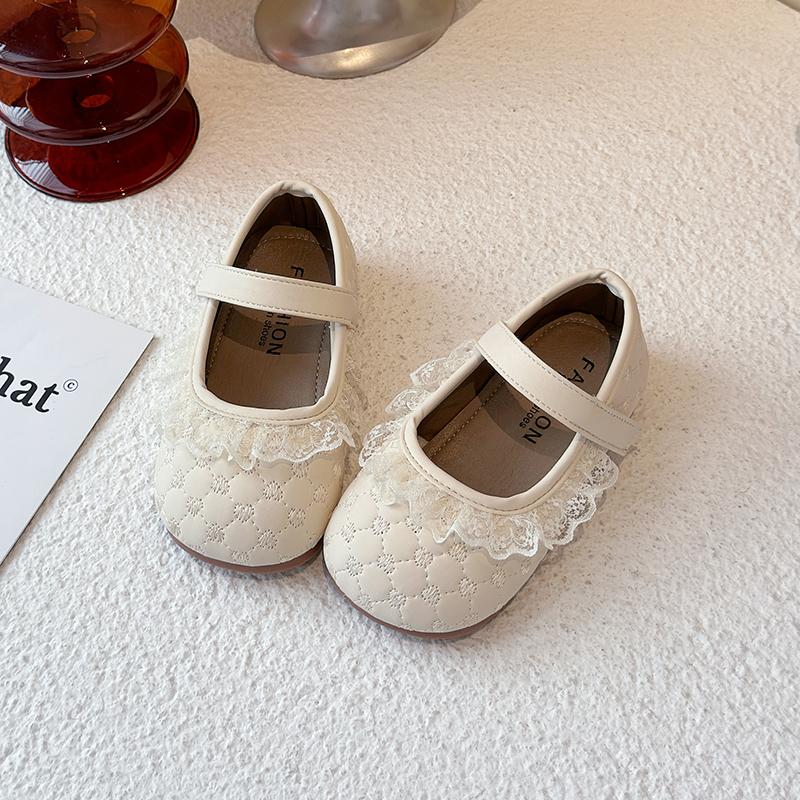 

Girls Flat Shoes Sweet Lace Round Toes Kids Leather Shoes Black Matte 2025 New Girls Princess Shoes Soild Color Ins Trendy Cute 21 бежевий