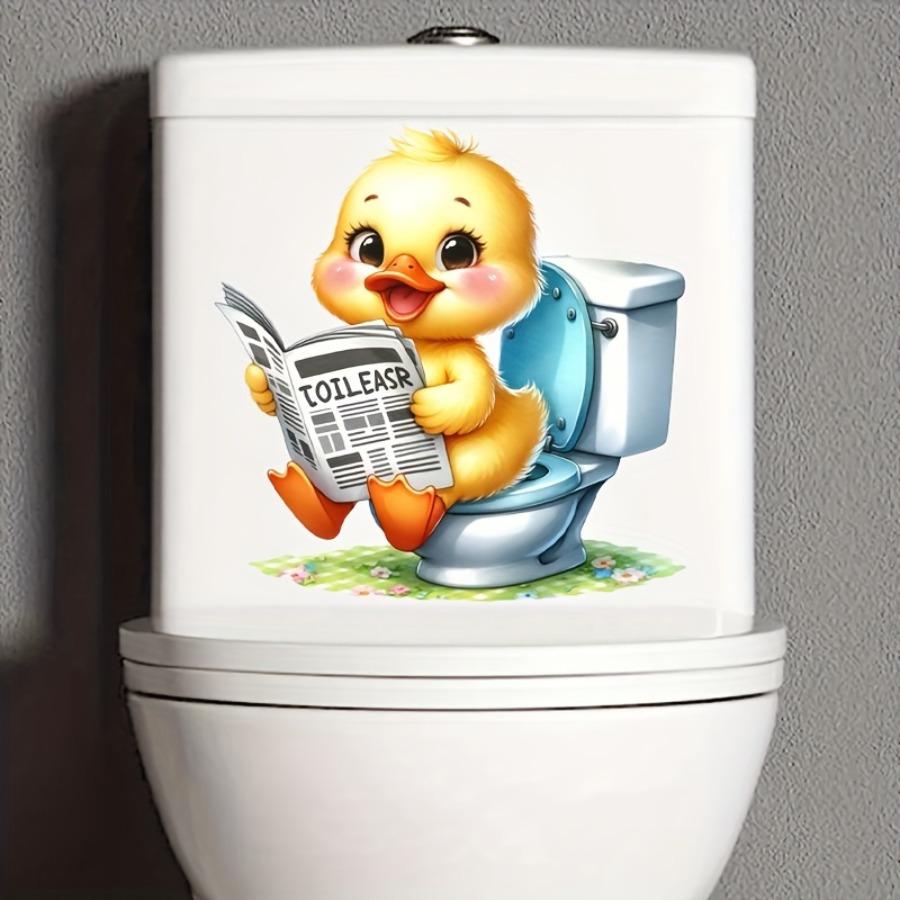 A Cute Little Duck Toilet Sticker - Bathroom Decal Featuring a Smiling Yellow Duck on a Toilet Paper Roll, Suitable for Bathrooms, Walls, And Mirrors