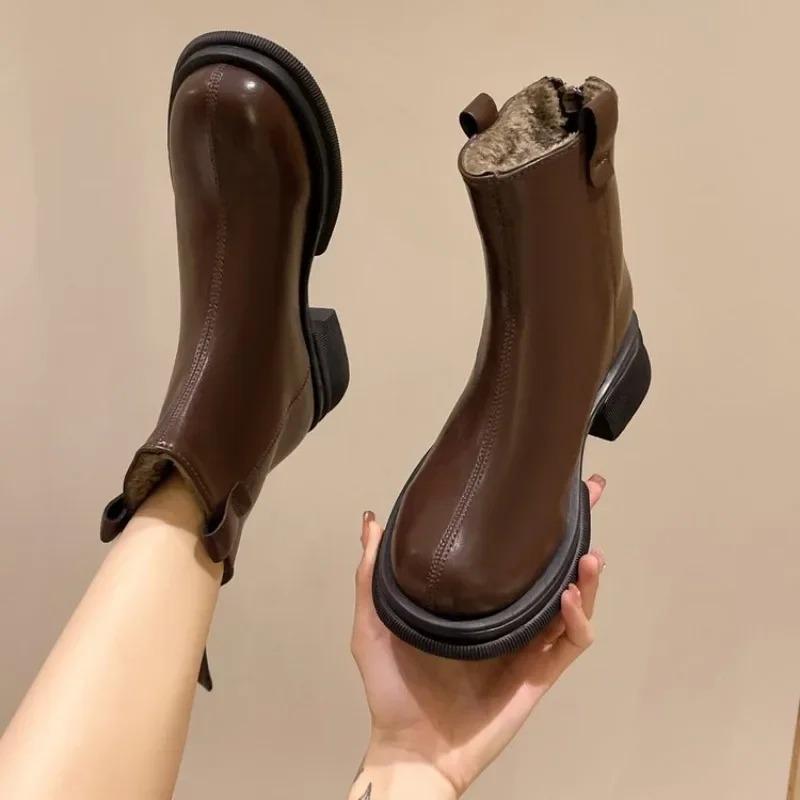 New Women Ankle Boots Fashion Female Square Heel Low-Heel Shoes Lady Boots Leather Woman Low-heel Keep Warm Ankle Boots