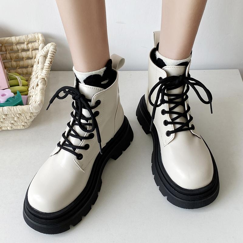 Fashion 2025 New Women's Platform Ankle Boots White Pu Leather Thick Sole Combat Booties Woman Spring Autumn Non Slip Motorcycle Boots