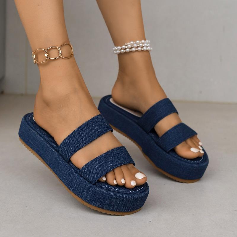 Fashion Blue Denim Chunky Platform Slippers for Women Summer Fashion Flat High Heels Sandals Women Casual Thick Sole Outdoor Slippers