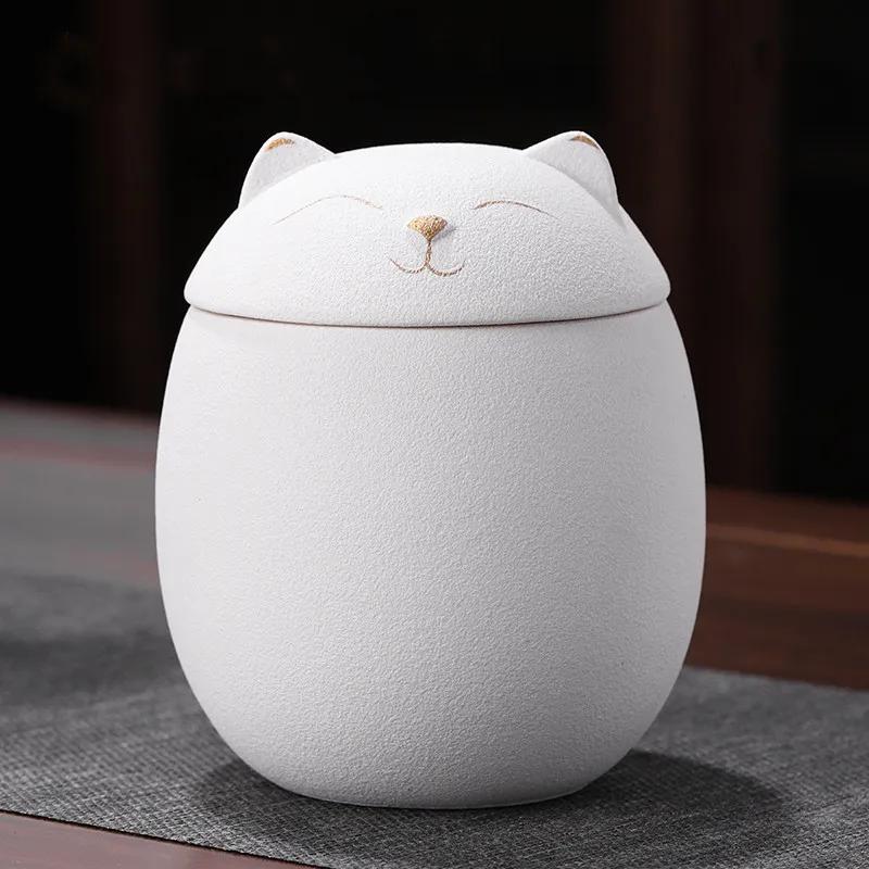 Cute Cat Tea Jar Ceramic Sealed Pot Storage Container Household Spice Jar Bulk Jar  Tea Pot Tea Box