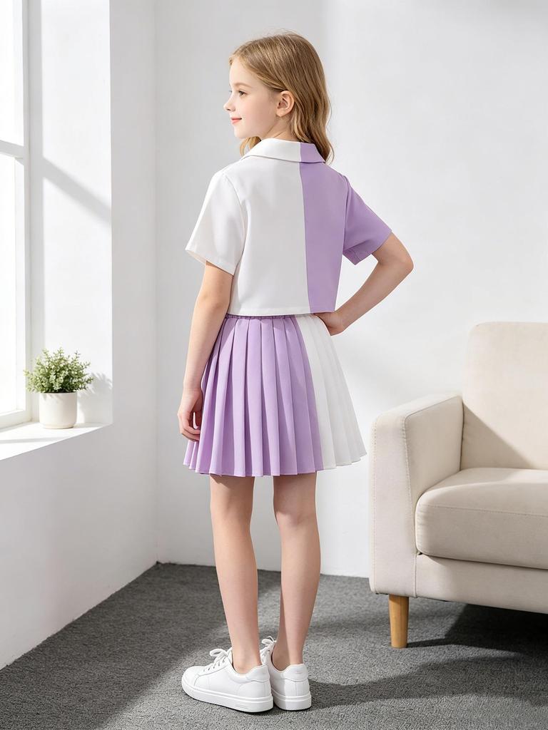 3 Pcs Girls Preppy Skirt Set, Color Block Blazer Jacket with Heart Tee and Pleated Skirt, Trendy Outfits for Kids 8-12 Years