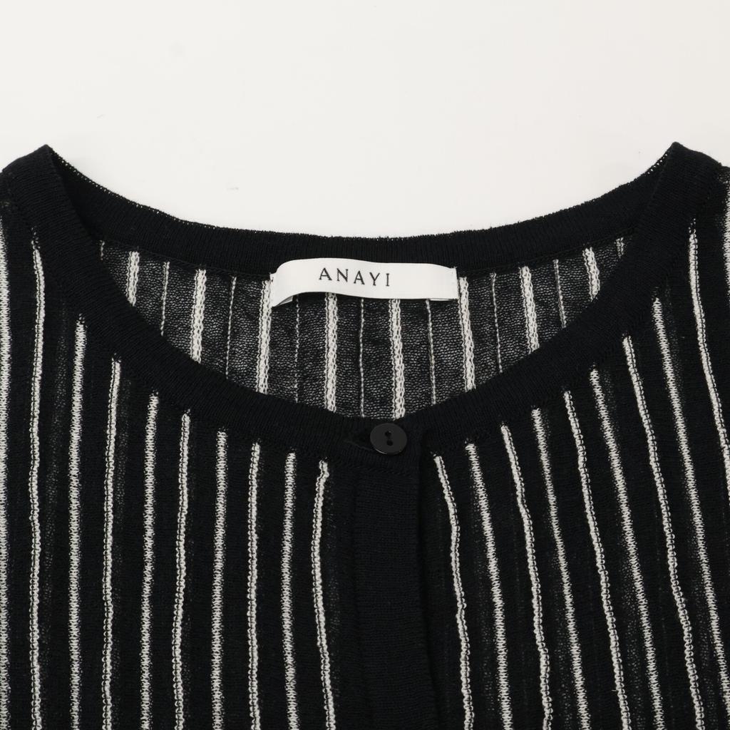 ANAYI White X Navy Striped Waist Ribbon Long Sleeve Dress Dress 38 Black White StripesUsed