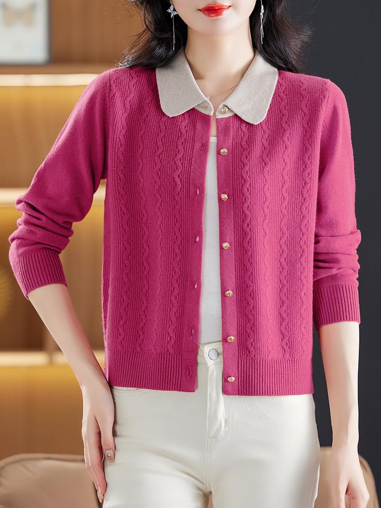 Autumn Pure Wool Color Block Cardigan for Stylish Middle-Aged Women
