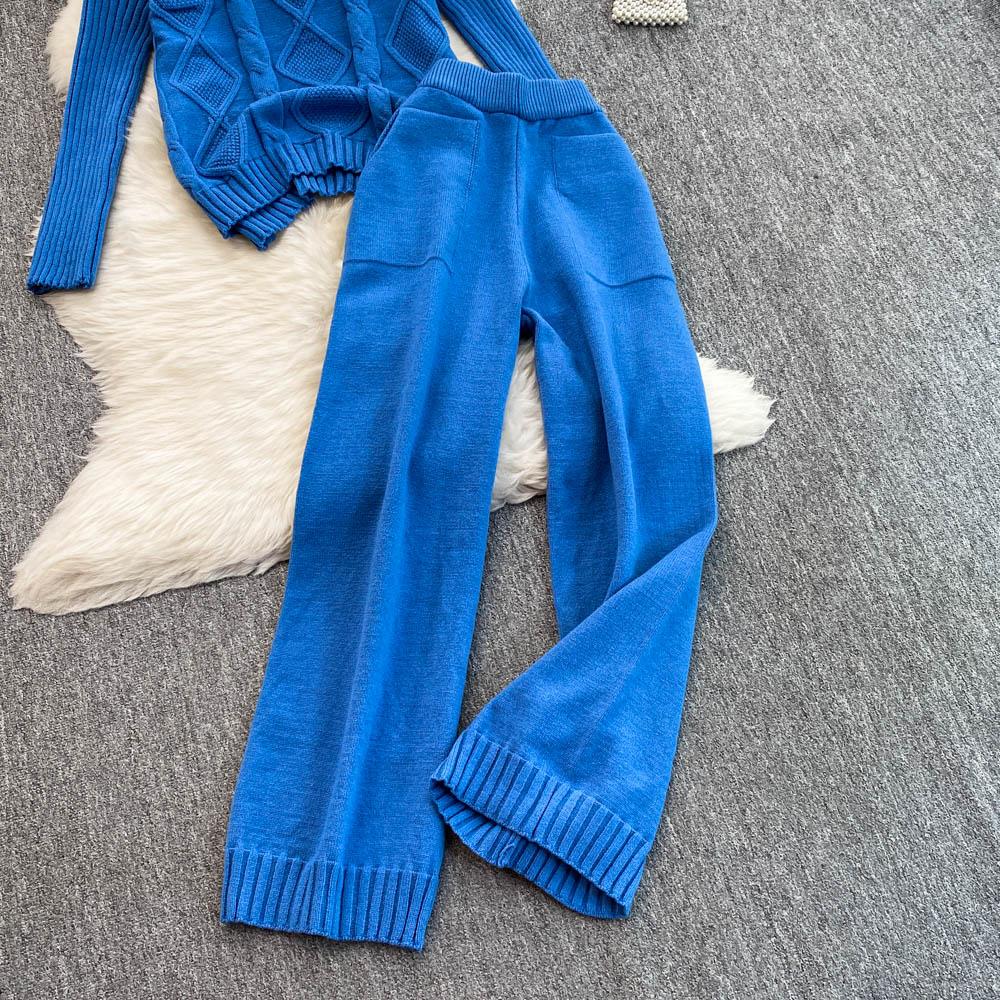 New Loose Knit Fried Dough Twists Sweater Suit Women's Winter High Waist Slim Straight Wide Leg Pants Two-piece Set