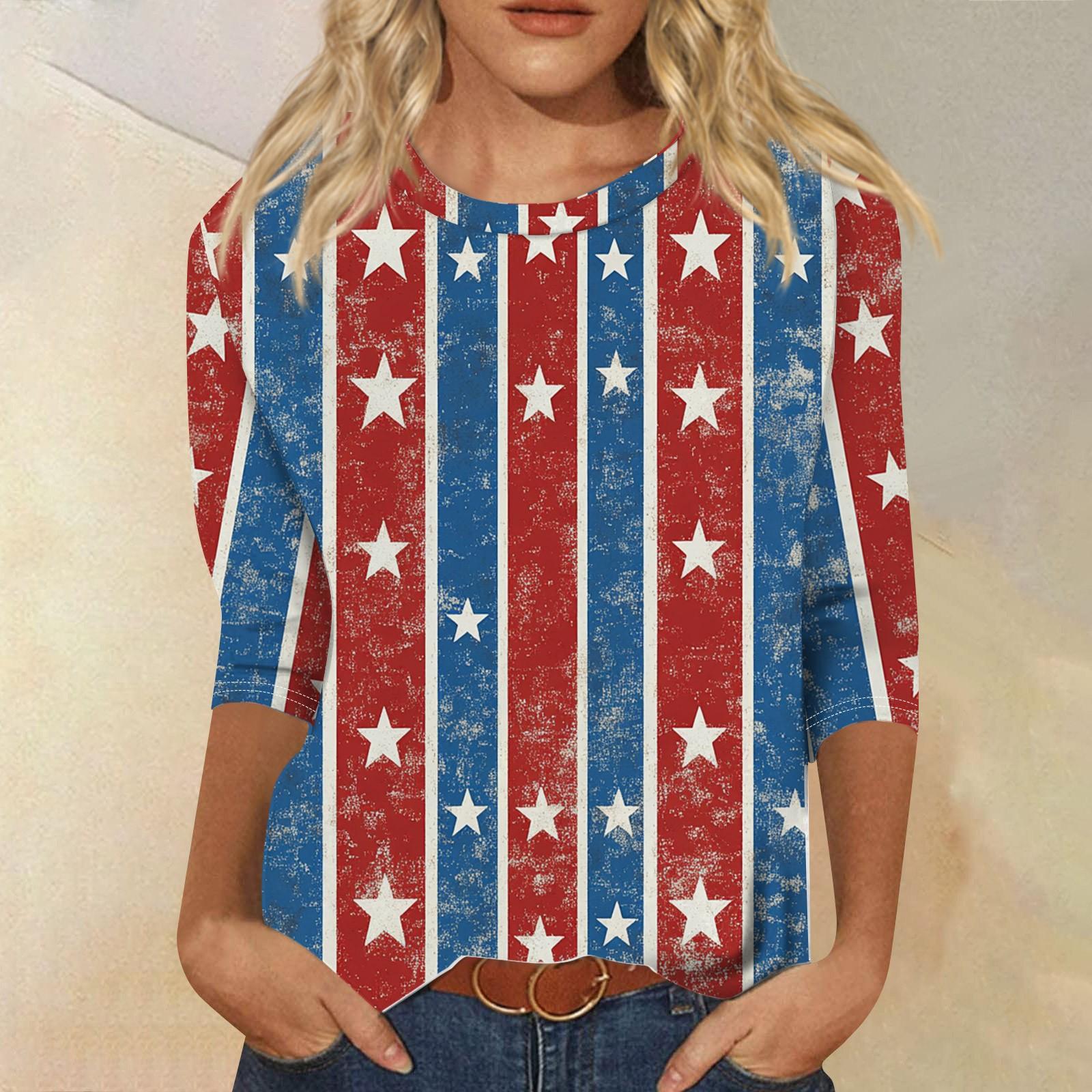 Women s Fashion Casual 3/4 Sleeve Independence Day Printed Round Neck Pullover Top L