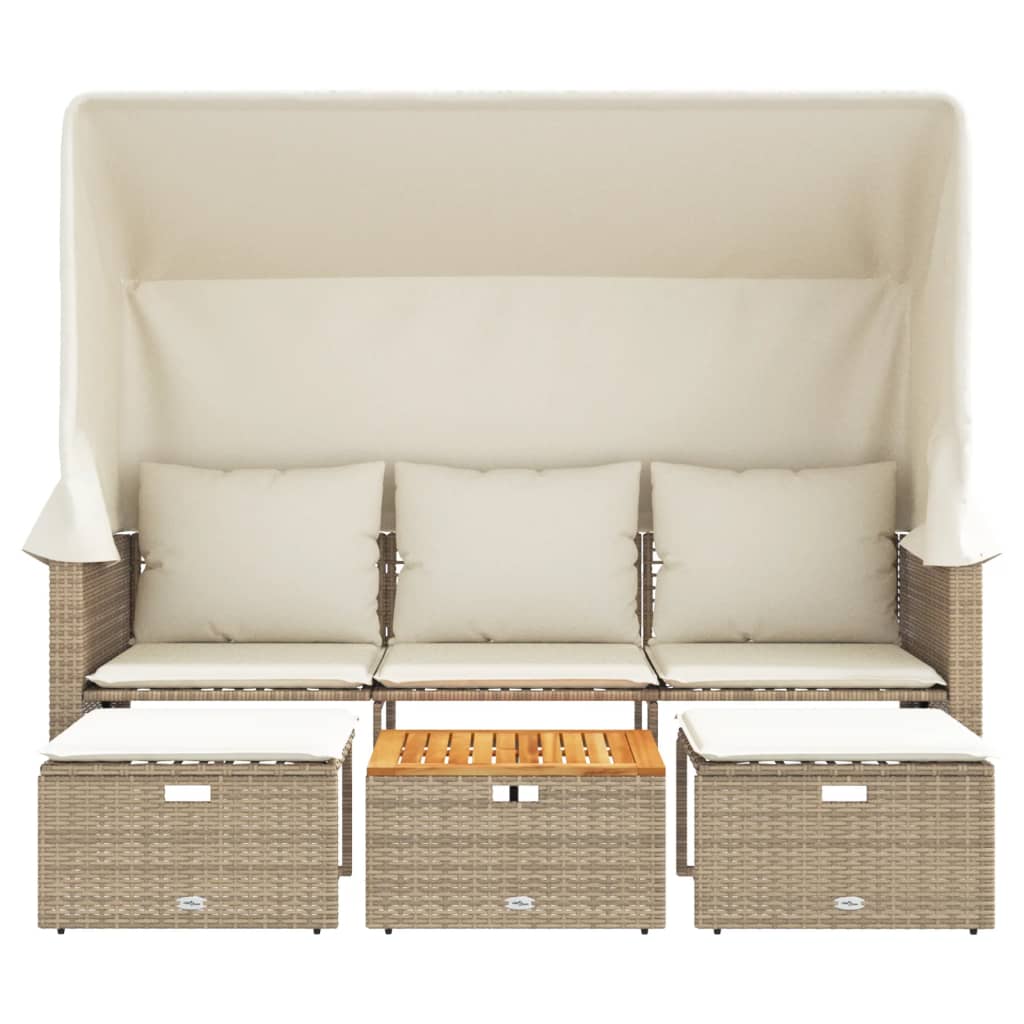 Outdoor 3 Seater Sofa with Canopy and Footstools Beige Poly Rattan