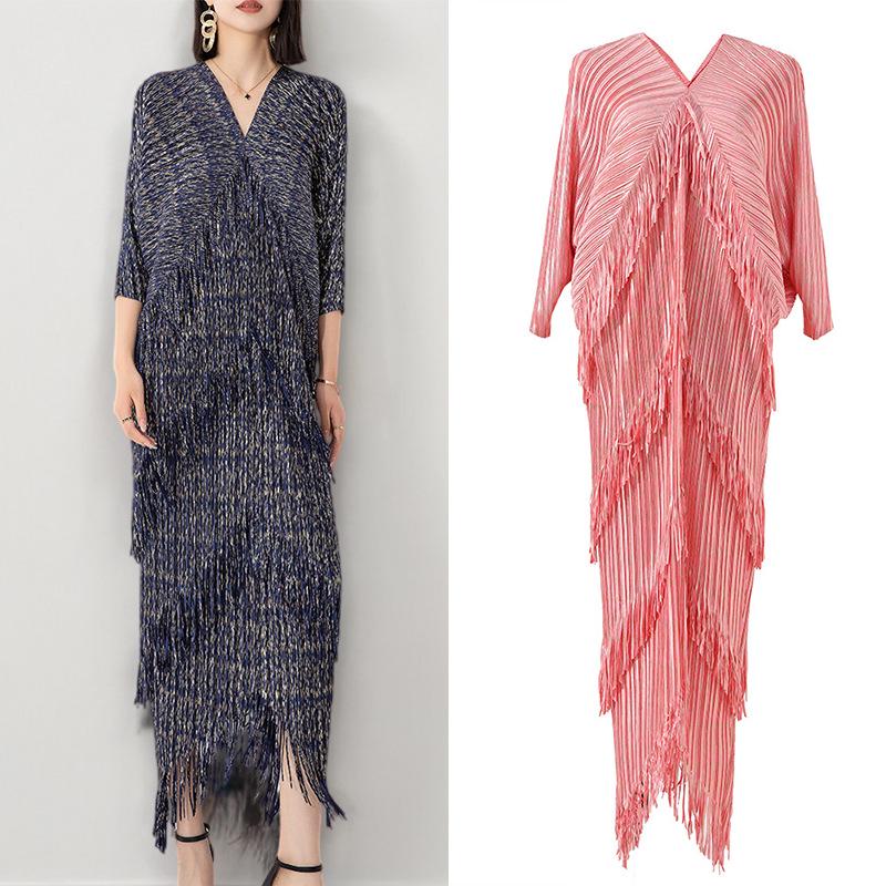 

Весеннее европейское и американское плиссированное макси-платье с кисточками для женщин 2024 One Size розовый