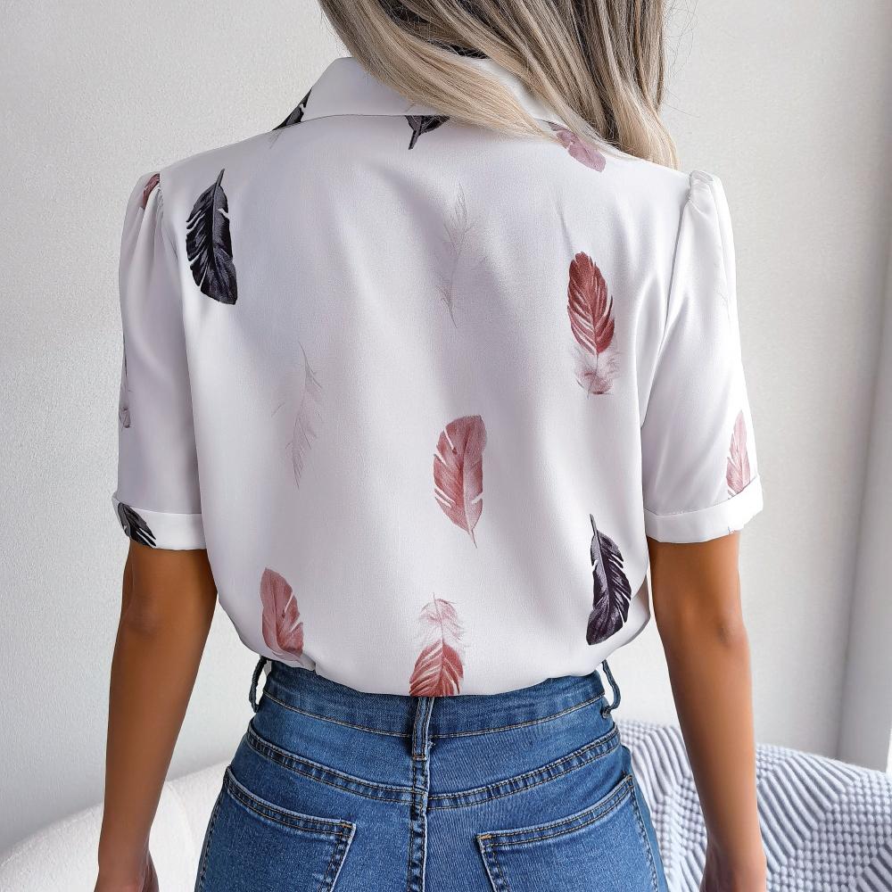 Women Summer Cotton Summer Feather Print Shirt main image 1