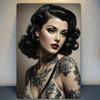 Elegant Vintage Girl Metal Wall Art   Frameless Retro Iron Sign with CurlyHaired Woman In Tattooed Elegance for Home  Offic