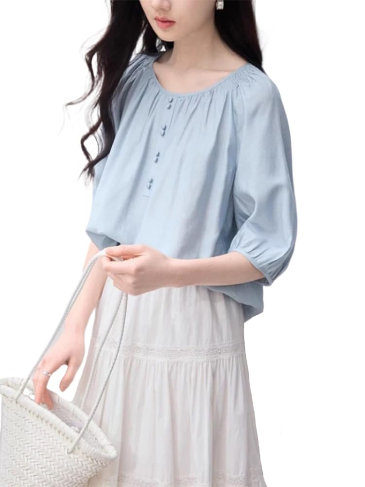 

Блузка Летние топы Круглый вырез Рукава Свободный крой Прикрывающая тело Однотонная Куртка Пуловер Женственная Милая Чистая Взрослая Повседневная Стильная [H. zroy] Женский 5/8 синий