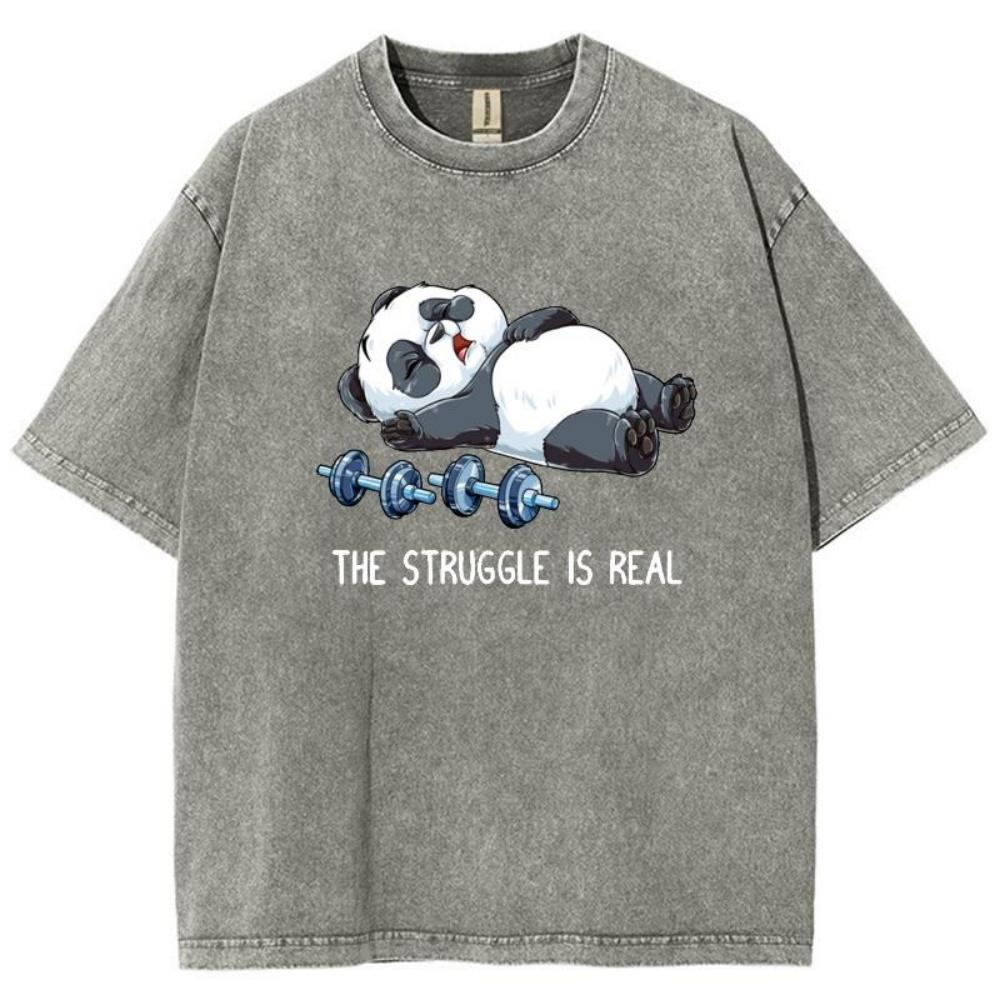 T-shirt Homme Lavage Vintage Design Japonais Motif Panda Rétro Imprimé Manches Courtes Décontracté Streetwear Américain Harajuku Coton