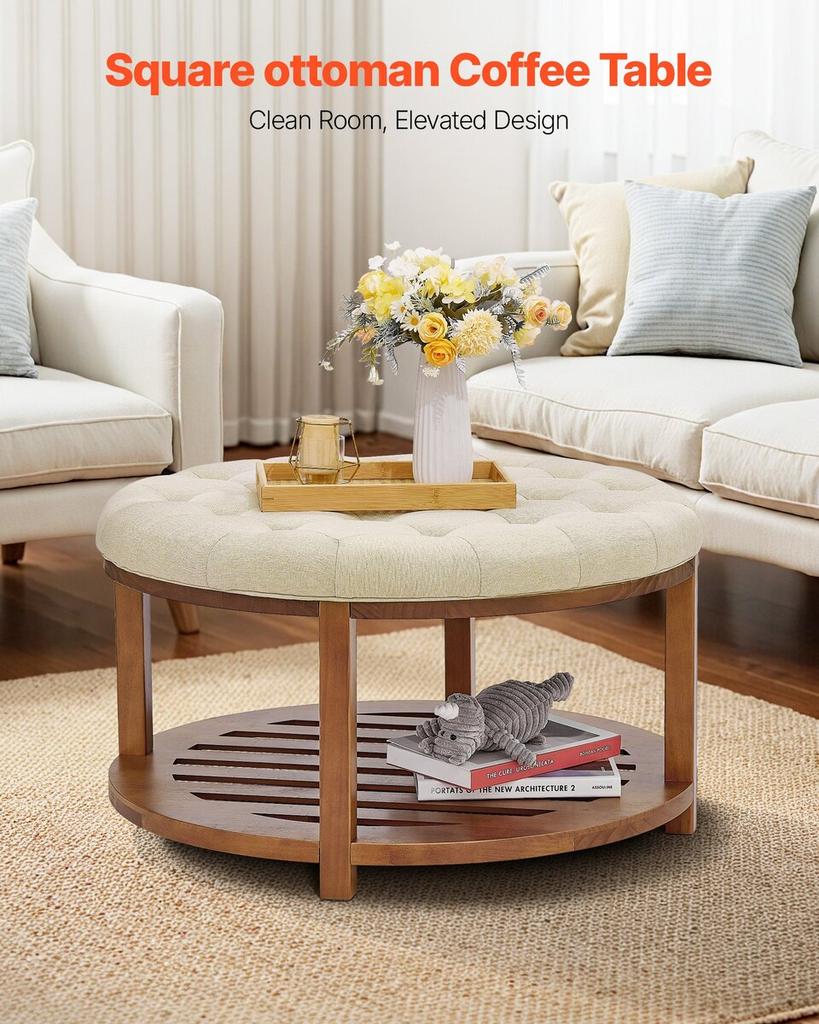 Large Round Ottoman Coffee Table, 81 cm Tufted Coffee Table with Solid Wood Shelf Storage, Linen Solid Upholstered Footrest Ottoman for Bedroom Living