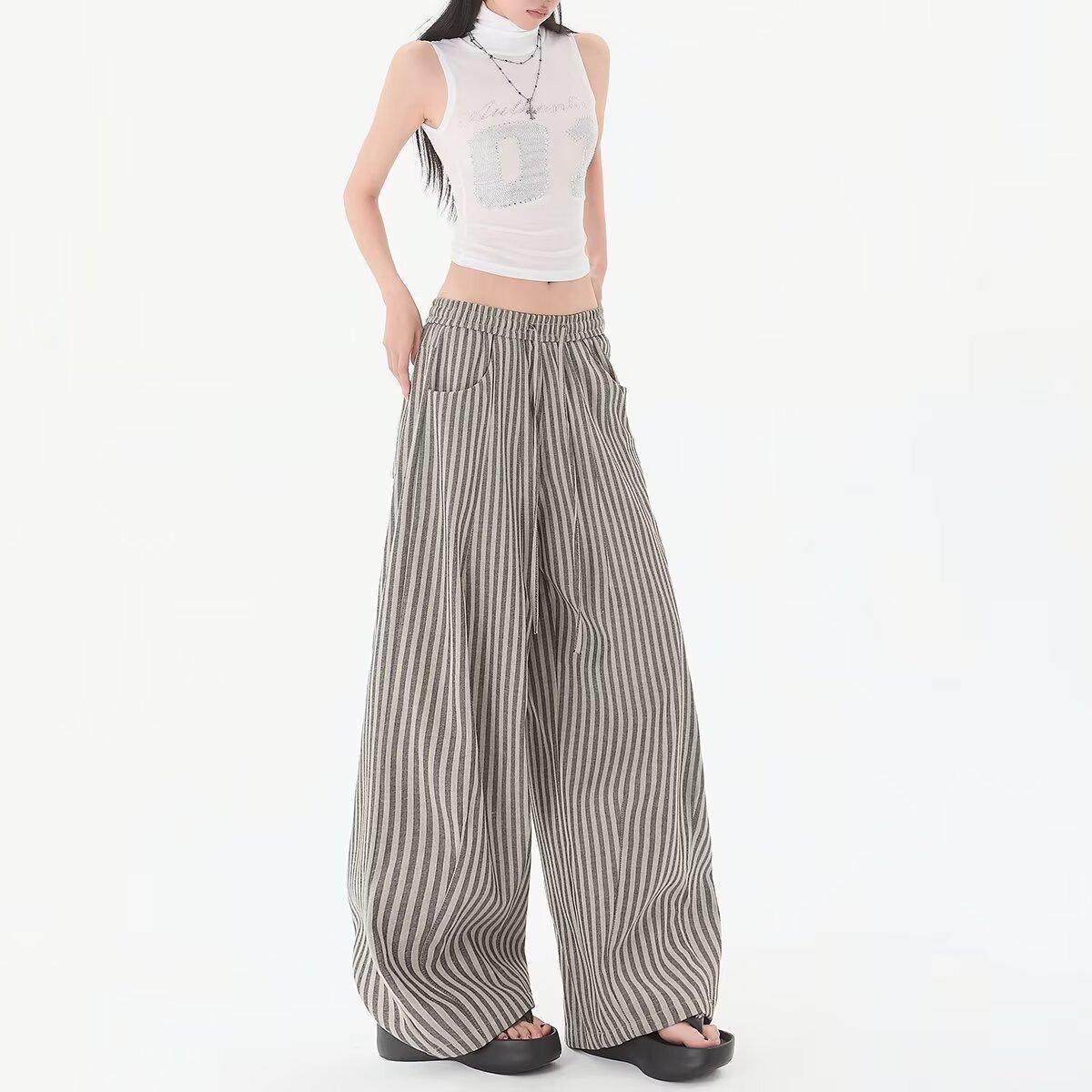 

Unisex Blue Apricot Striped Drawstring Casual Pants - Loose Soft Straight Wide Leg, 2025 Collection S серый