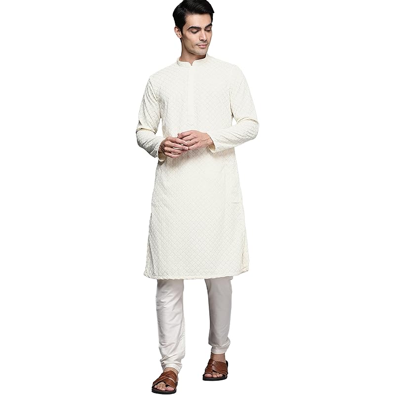 Manyavar Kurta Set For Men, Full Sleeves Mandarin Collar Ethnic Kurta Set For Engagement, Wedding, Party All Over Self D