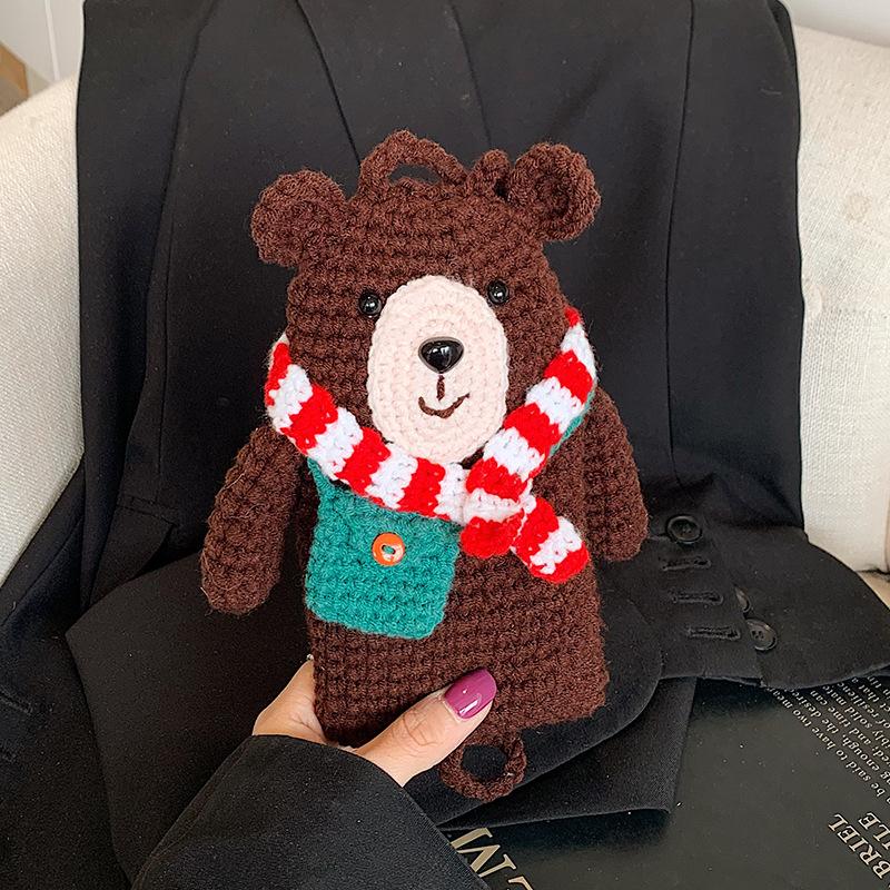 Cute wool woven bear Christmas wind mobile phone change bag personality versatile trend messenger bag woman