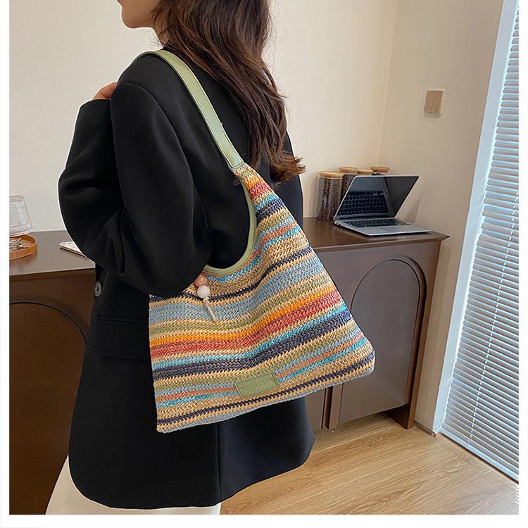 Summer New Straw Handbag Bag Striped Contrasting Color Fashionable Large-capacity Shoulder Portable Tote Bag