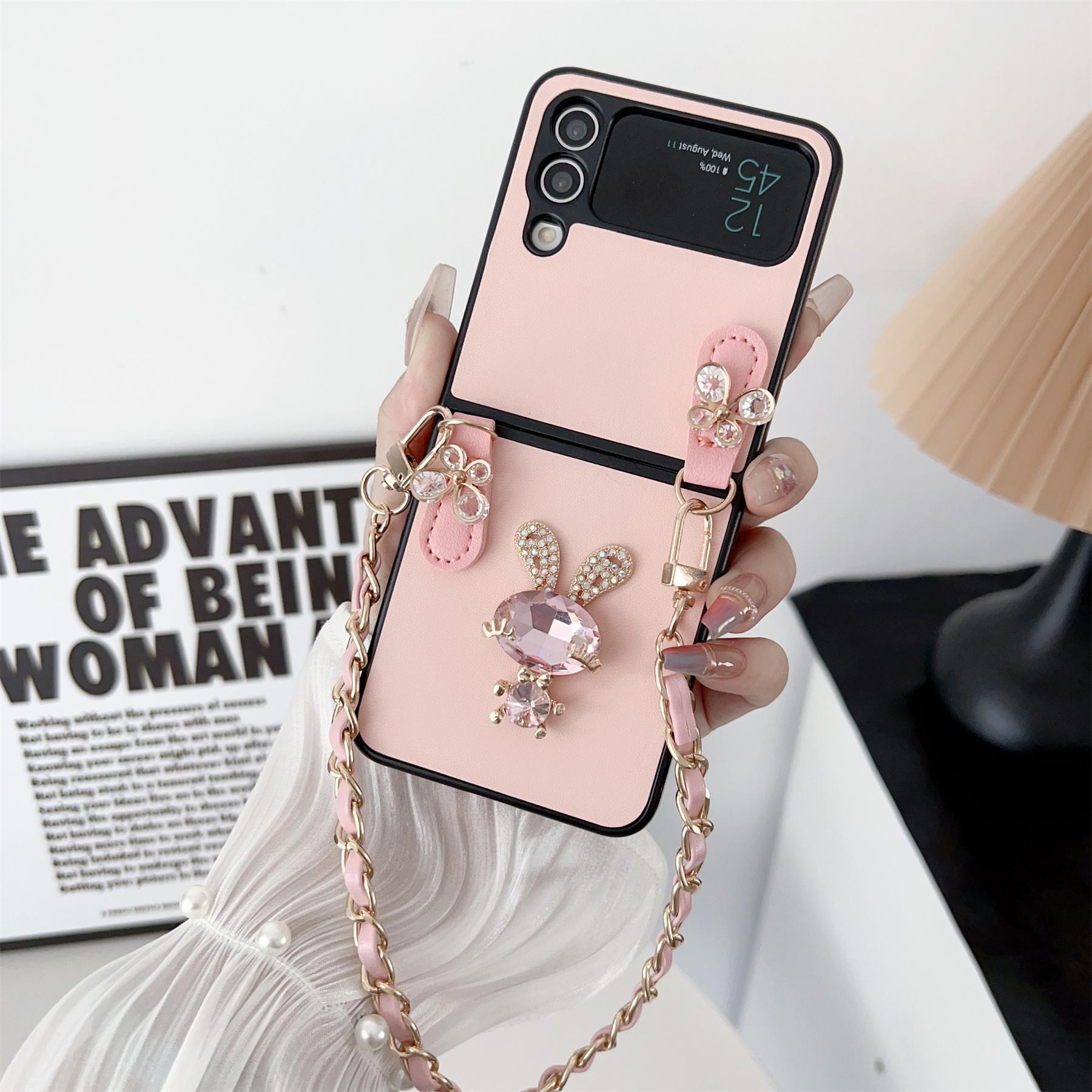 

Роскошный корейский кожаный браслет с бриллиантами и кроликом, бабочкой, чехол для Samsung Galaxy Z Flip 3 4 5G Z Flip3 Zflip3 Flip4 Zflip4, чехол for Z Flip 3 розовый