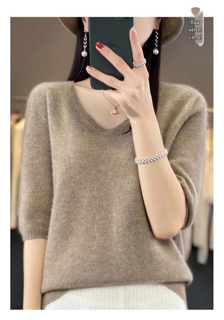 Women's 100% Pure Wool V-neck Short-Sleeve Knit T-shirt, Spring/Autumn Versatile Base Layer Sweater
