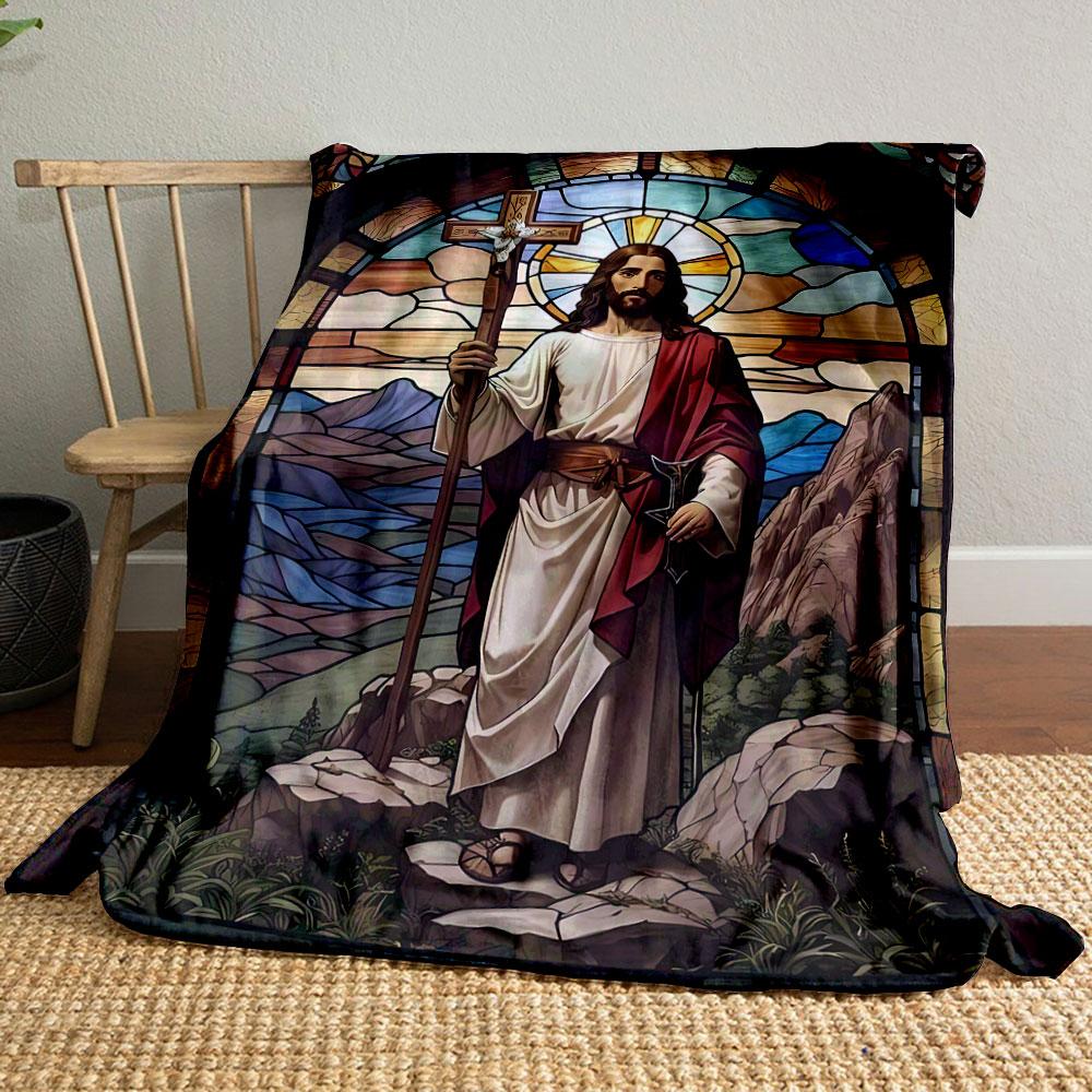 

Jesus Cross Mountain Stained Glass Style Blanket Printed Blanket for Living Room Bed Couch lunch break Soft Cozy Blanket for Friend s festival Gift 80cm x 120cm