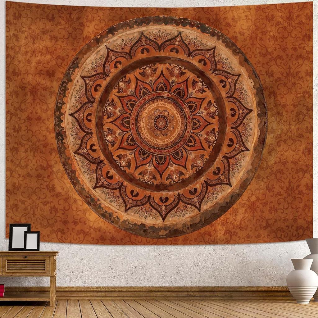 Boho Mandala Gobelin Wiszący na Ścianę Hippie Bohemski Kwiatowy Medalion Indyjski Gobelin Estetyczny Artystyczny Wystrój Ściany Duży Vintage Pomarańczowy