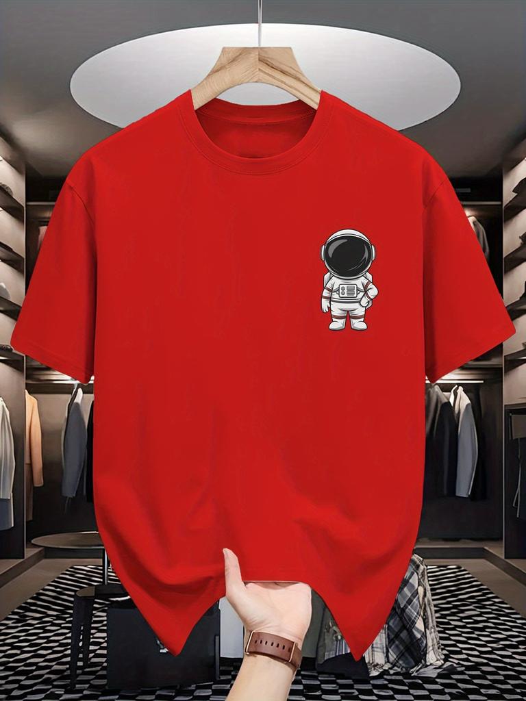 Unisex Crew Neck Tee Small Pocket Astronaut Cartoon Graphic Print Soft Cotton Loose Short Sleeve Summer Casual Male Streetwear Tops
