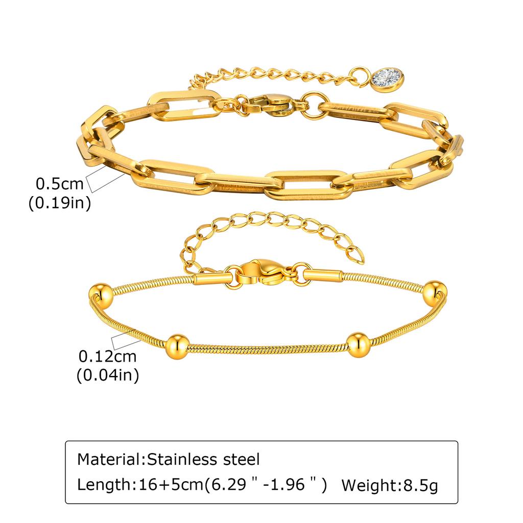 316L Stainless Steel Bracelet 2PCS, Golden Layered Chain Adjustable Stackable Jewelry, Women Summer Vacation Gift