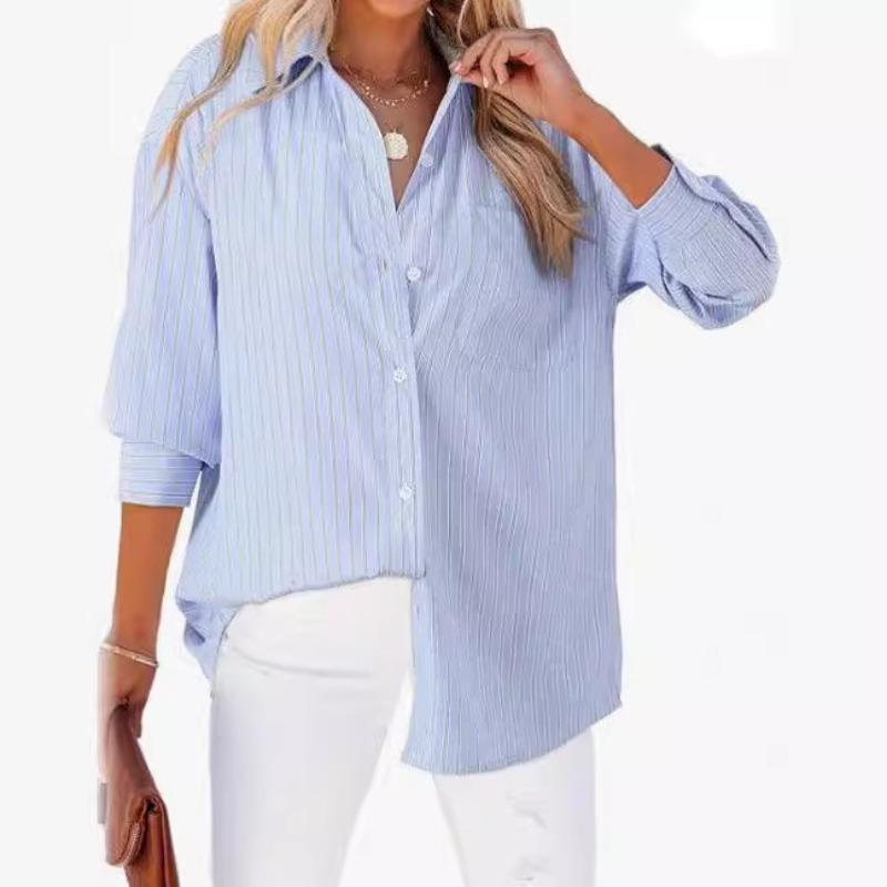 

Women s Shirt, Loose Striped Shirt, Pocket Top, Shirt S светло-синий