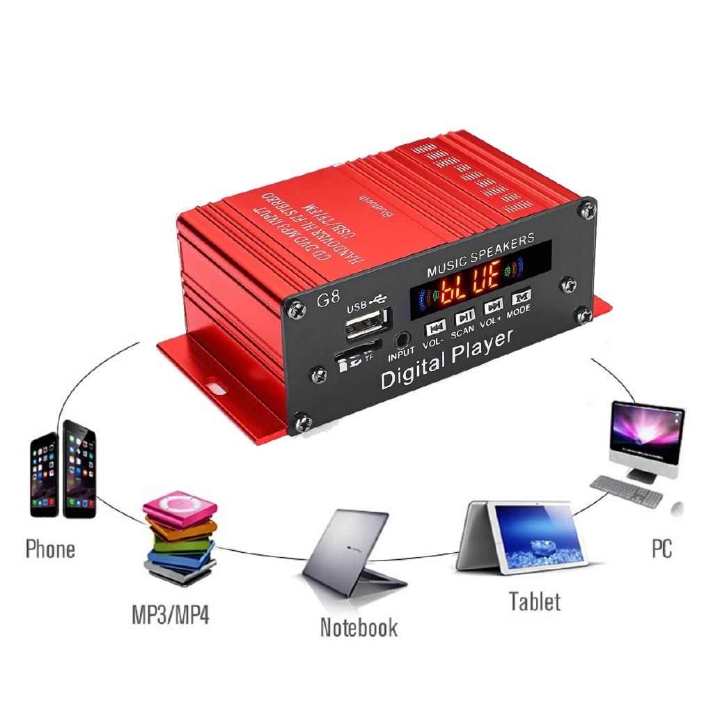 2CH 100W+100W DC 12V Bluetooth Stereo FM Radio USB Remote Control Red Car Audio Amplificador HIFI Audio Power Amplifier