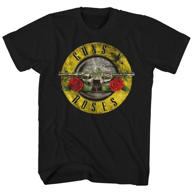 Pistol Rose Pattern Guns N 'Roses Rock Guns and Roses Band Casual T-Shirt Men's and Women's Luxury Band Brand