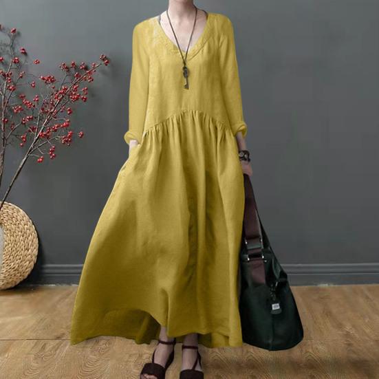 

Yousheng Летнее женское платье Плиссированное свободное свободное платье трапециевидной формы с V-образным вырезом и длинными рукавами Сплошной цвет Лоскутные карманы Повседневное повседневное платье макси Bech