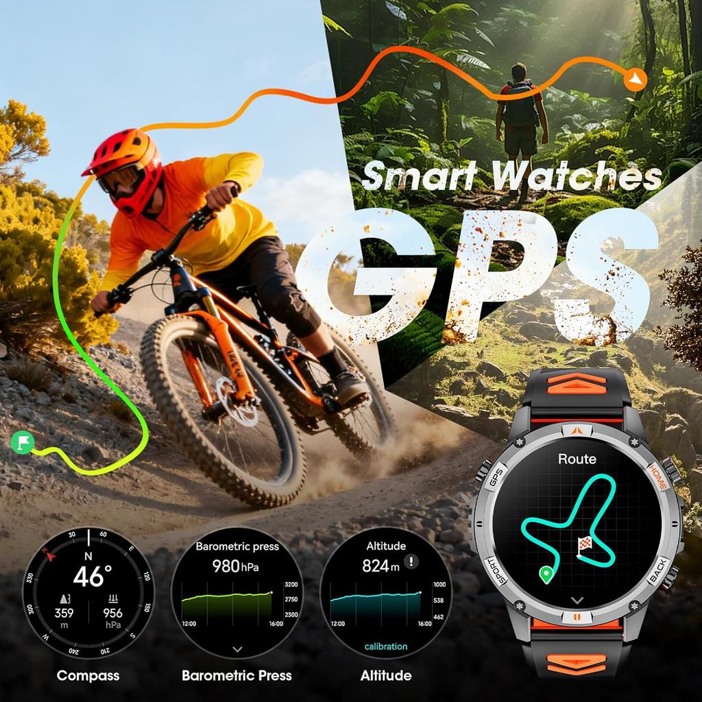 New Adventure GPS Map Navigation Smart Watch AMOLED Screen 10ATM Waterproof Clock Compass Flashlight BT Call Smartwatch Men