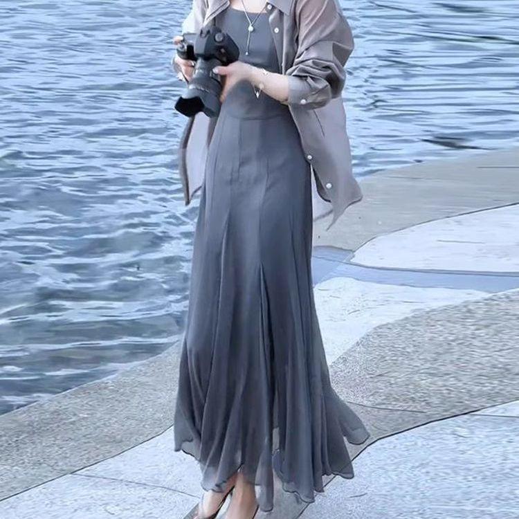 Women's 2026 Summer Stylish Slimming Sun Protection Two-Piece: Shirt with Slip Dress Long Dress Set