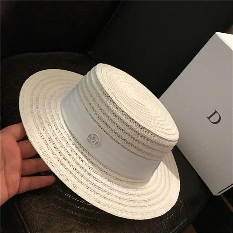 Boater Straw Hat wide brim French elegant square ribbon women's sun hat holiday straw hat