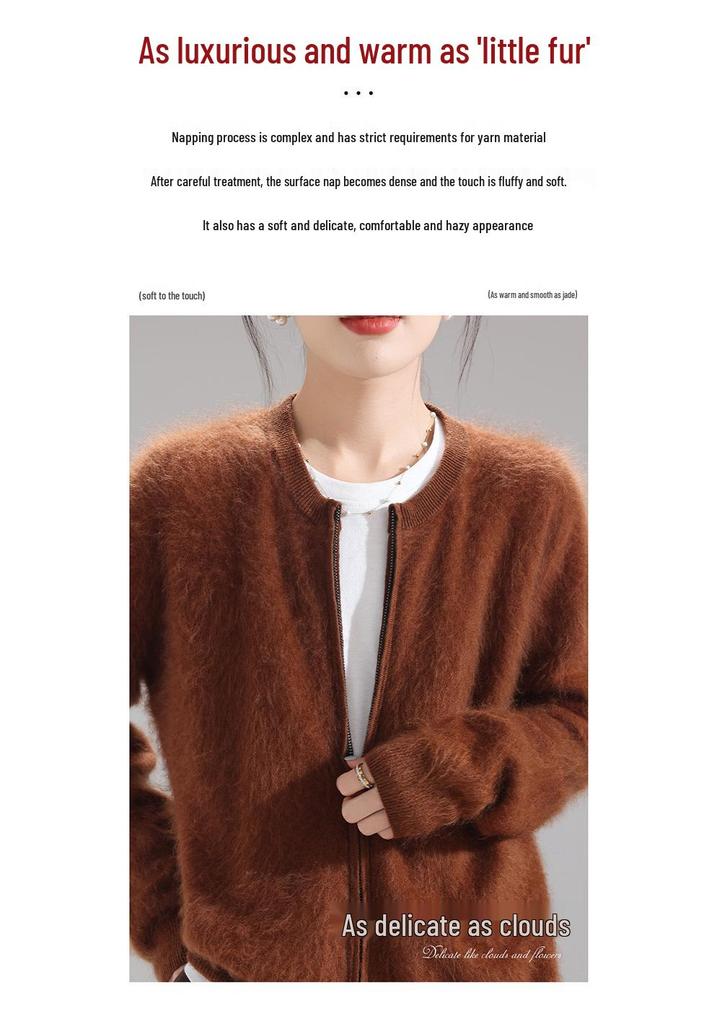 Women's Round Neck 100% Wool Plush Cardigan - Heavyweight, Zipper, Versatile Base Layer Sweater Coat