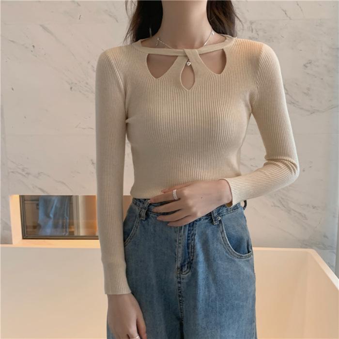 Women's Chic Hollow-Out Slim Fit Long Sleeve Knit Sweater - Autumn/Winter Collection