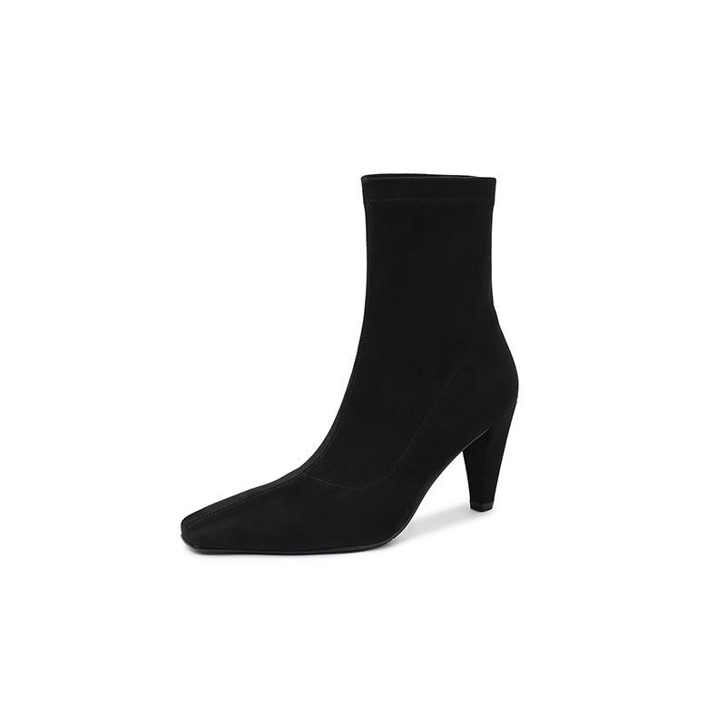 Black fashion simple elastic thin boots 2025 autumn and winter new square head thin heel sleeve one pedal small short boots women