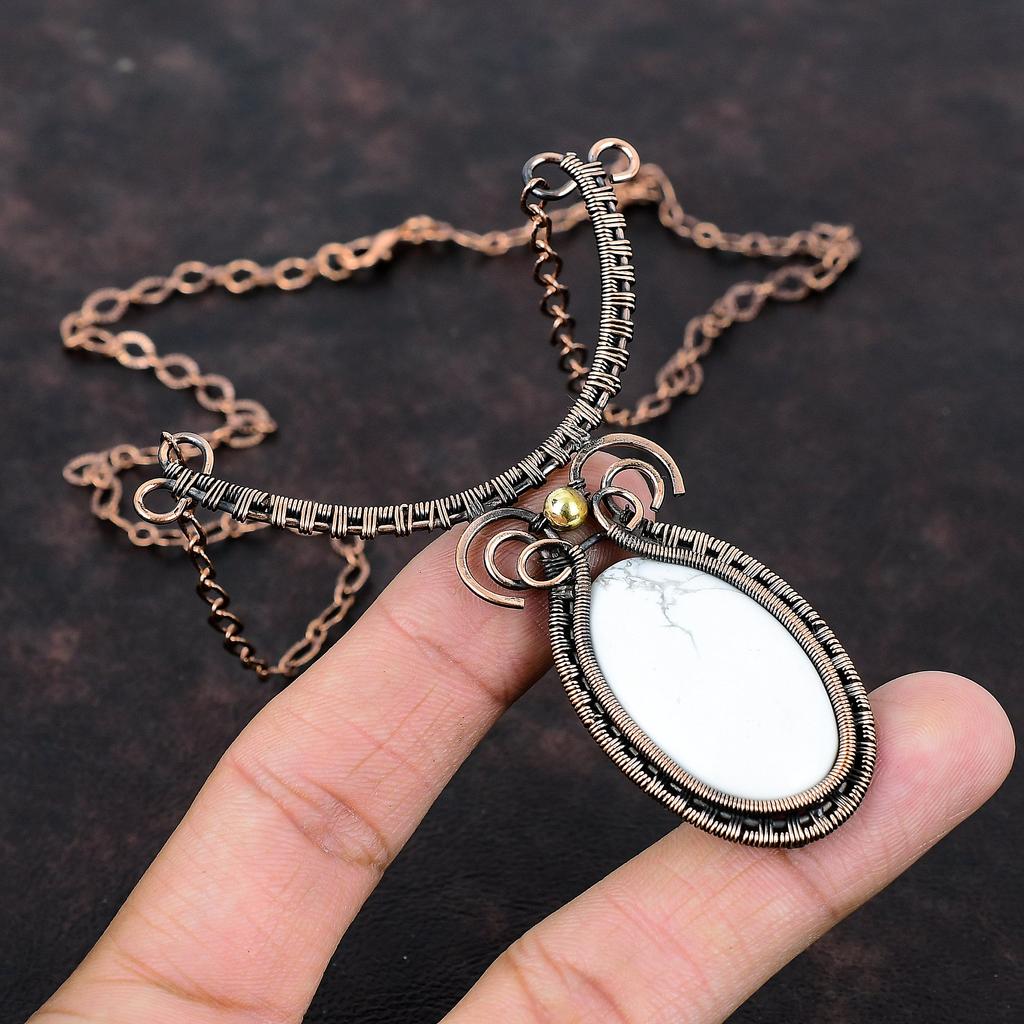 Howlite Necklace Copper Wire Wrapped Necklace Handmade Gemstone Jewelry Adjustable Necklace Copper Wire Wrapped Jewelry Gift For Anniversary