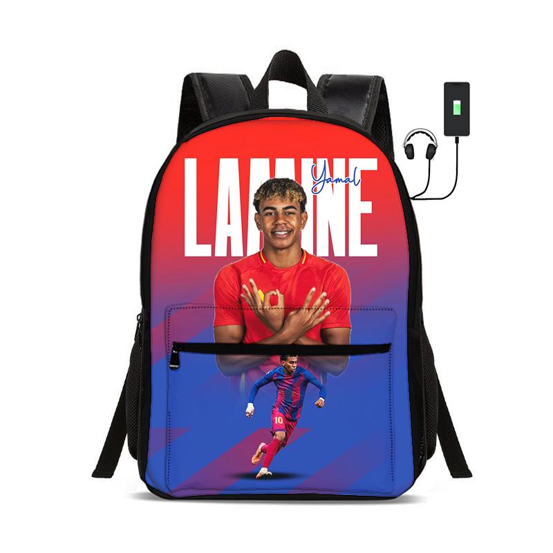 Child School Bags for Student Rucksack L-Lamin Yamal Sport Bookbag Kids Gift Football Star Backpack with USB Interface Bag