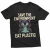 Rettet die Umwelt Esst Plastik Lustiges Schwarzes Katzen-Meme 100% Baumwolle T-Shirt Herren-T-Shirts Oberteil