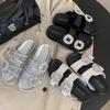 New Versatile Casual One-word Slippers Women's Summer Wear Square Buckle Rhinestone Double Belt Thick-bottomed Beach Cool Slippers