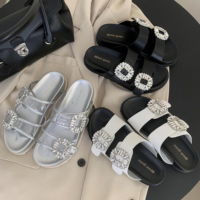 New Versatile Casual One-word Slippers Women's Summer Wear Square Buckle Rhinestone Double Belt Thick-bottomed Beach Cool Slippers