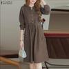 ZANZEA Women Casual V-Neck Loose 3/4 Sleeve Stripe Dress