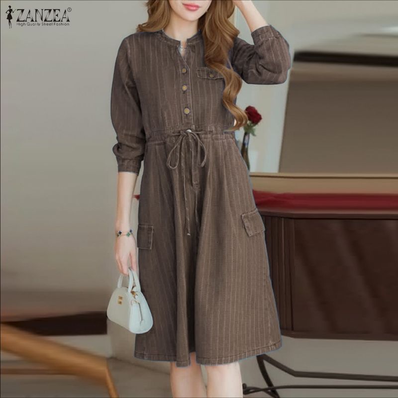 ZANZEA Women Casual V-Neck Loose 3/4 Sleeve Stripe Dress